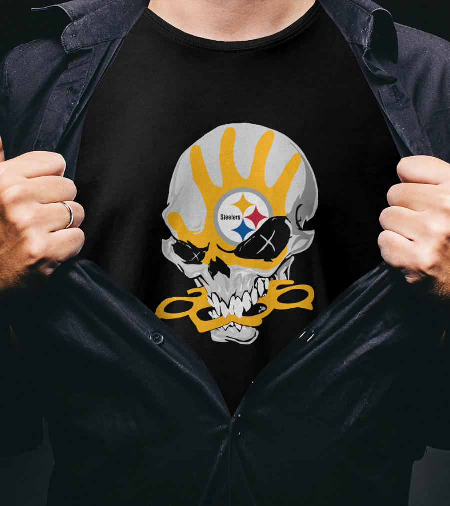 Pittsburgh Steelers Skull With Logo And Brass Knuckles T-Shirt