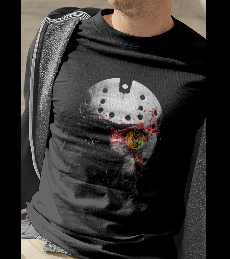 Chicago Blackhawks Jason Mask Blood Splatter Nhl Horror Crossover T-Shirt