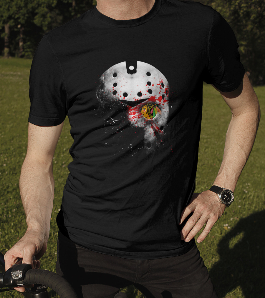 Chicago Blackhawks Jason Mask Blood Splatter Nhl Horror Crossover T-Shirt