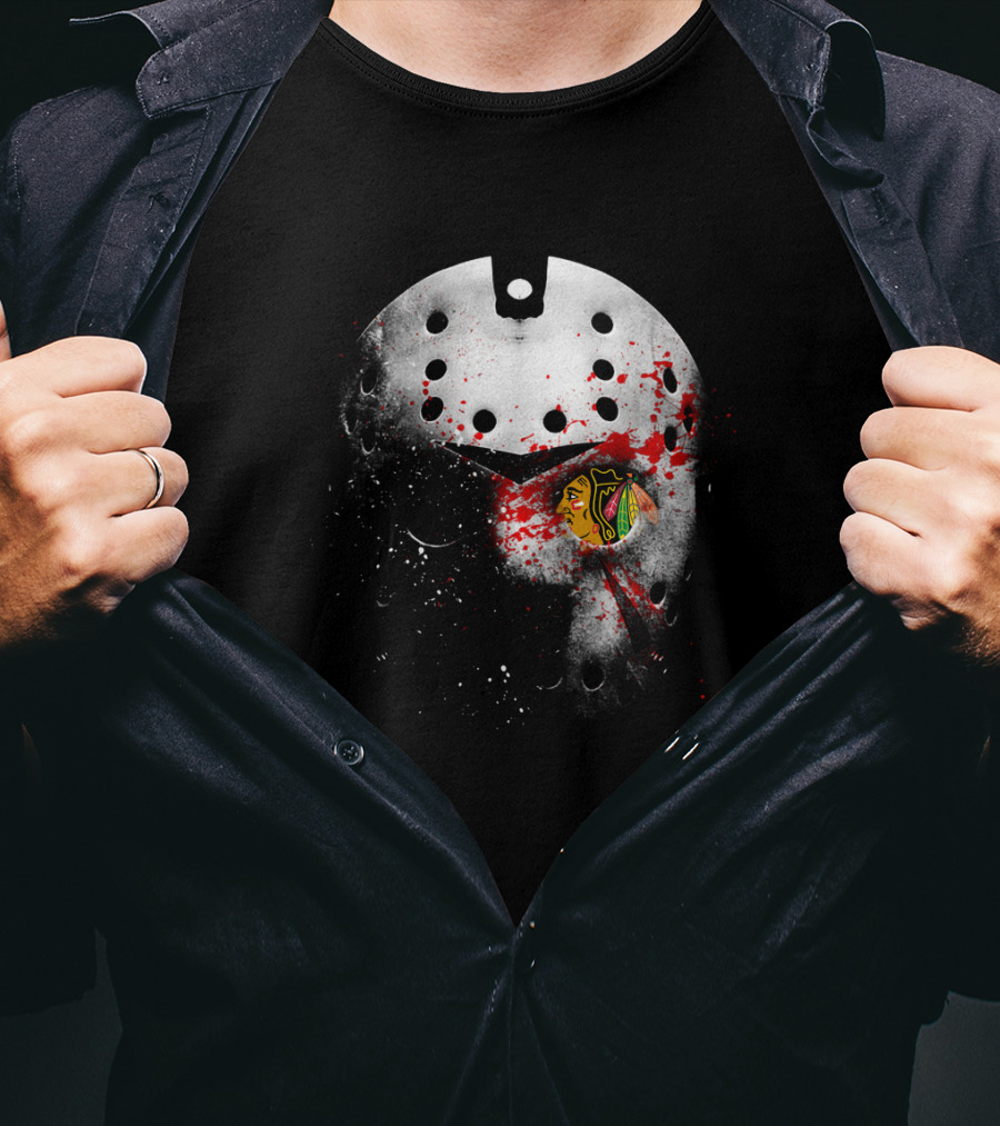 Chicago Blackhawks Jason Mask Blood Splatter Nhl Horror Crossover T-Shirt