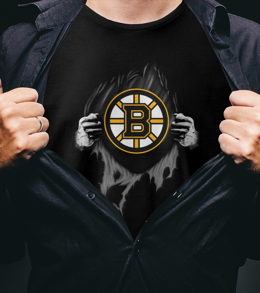 Boston Bruins Hockey Team Logo Peeking Through Torn Fabric T-Shirt