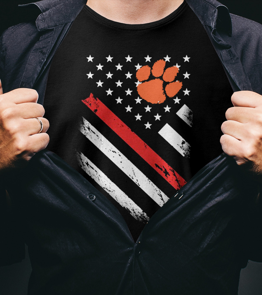 Clemson Tigers Football American Flag Paw Print Stars Stripes T-Shirt