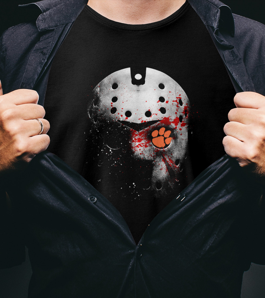 Clemson Tigers Football Jason Voorhees Mask With Paw Print And Blood Splatter T-Shirt