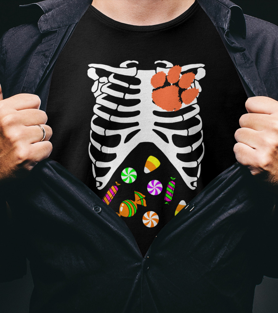 Clemson Tigers Halloween Candy Skeleton Paw Print T-Shirt