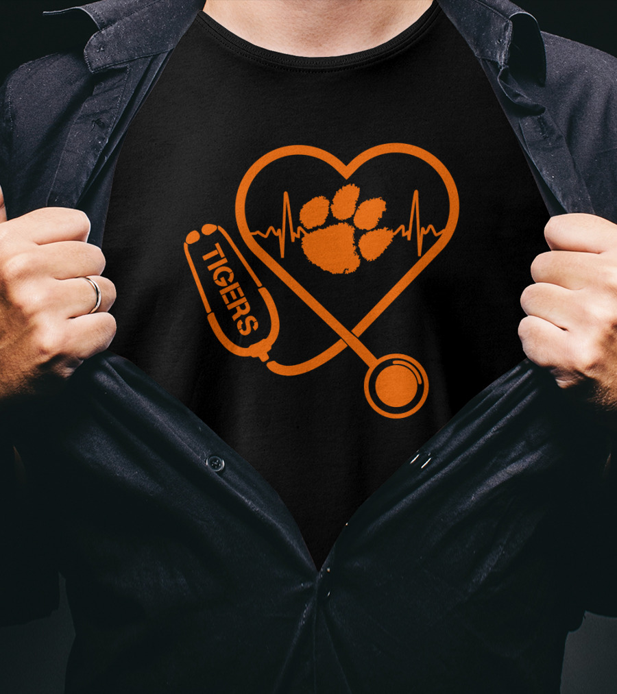 Clemson Tigers Heartbeat Stethoscope Paw Print T-Shirt