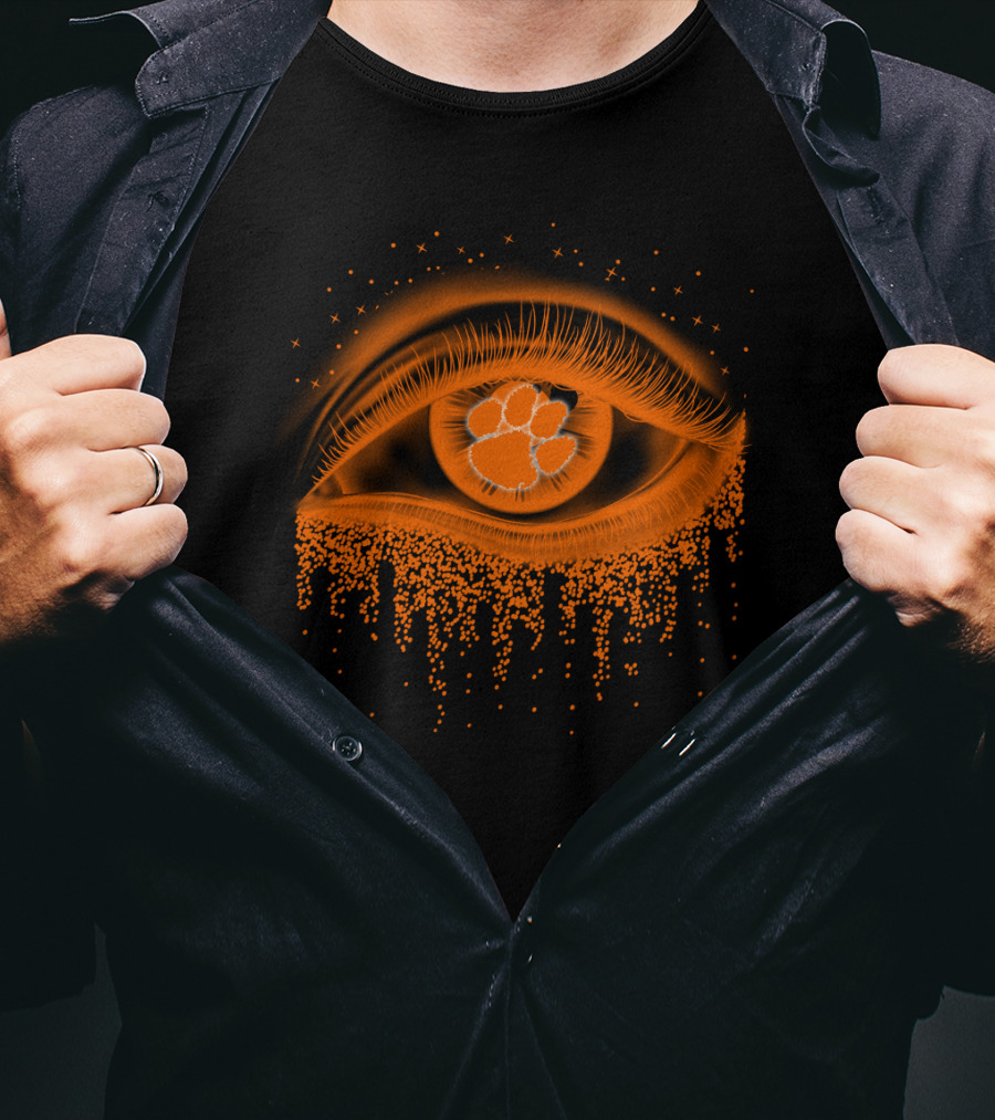 Clemson Tigers Football Eye With Orange Tiger Paw Logo And Starry Drips T-Shirt