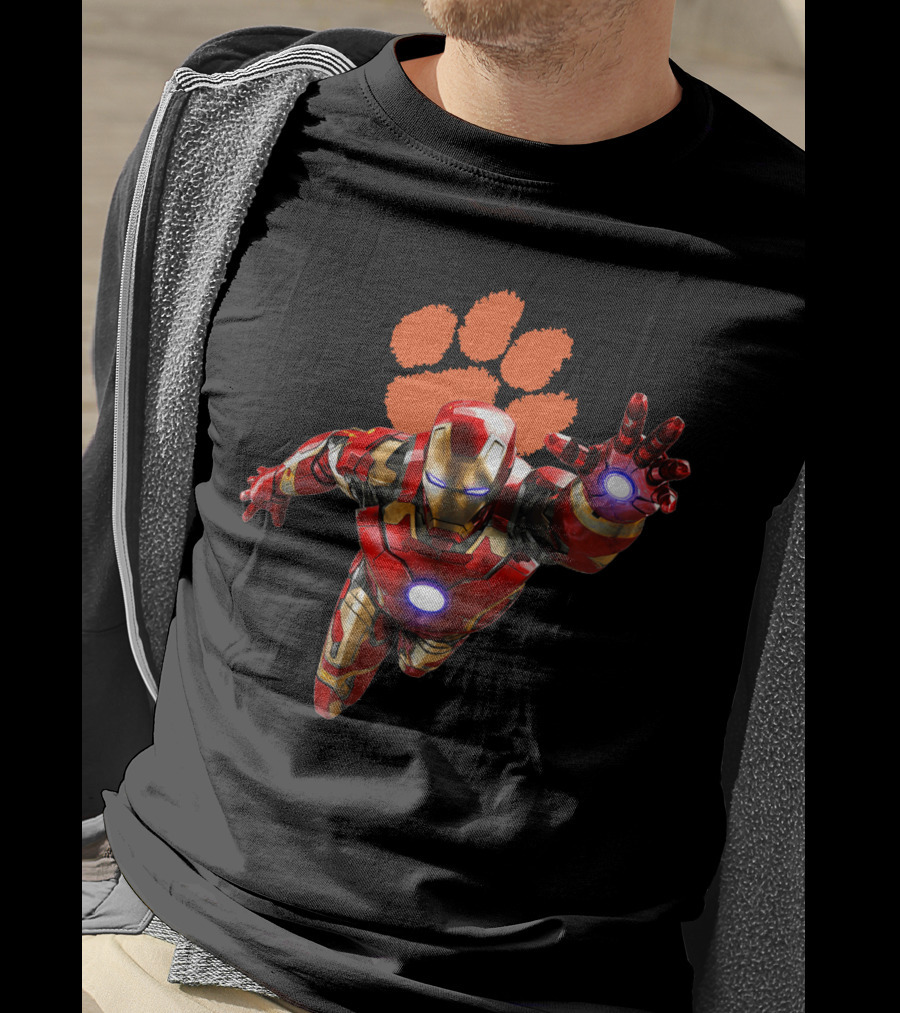 Clemson Tigers Iron Man Flying Paw Print Football T-Shirt