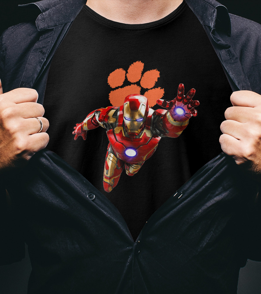 Clemson Tigers Iron Man Flying Paw Print Football T-Shirt