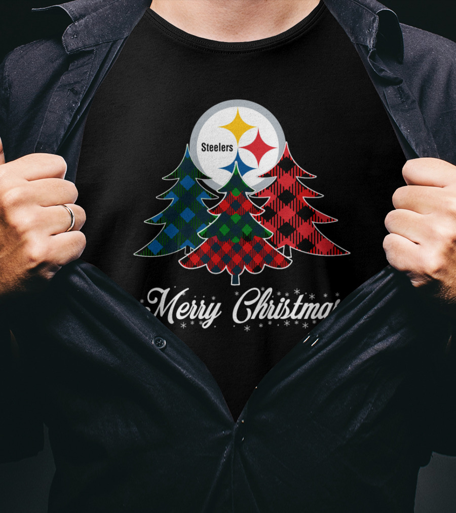 Steelers Merry Christmas Plaid Trees T-Shirt