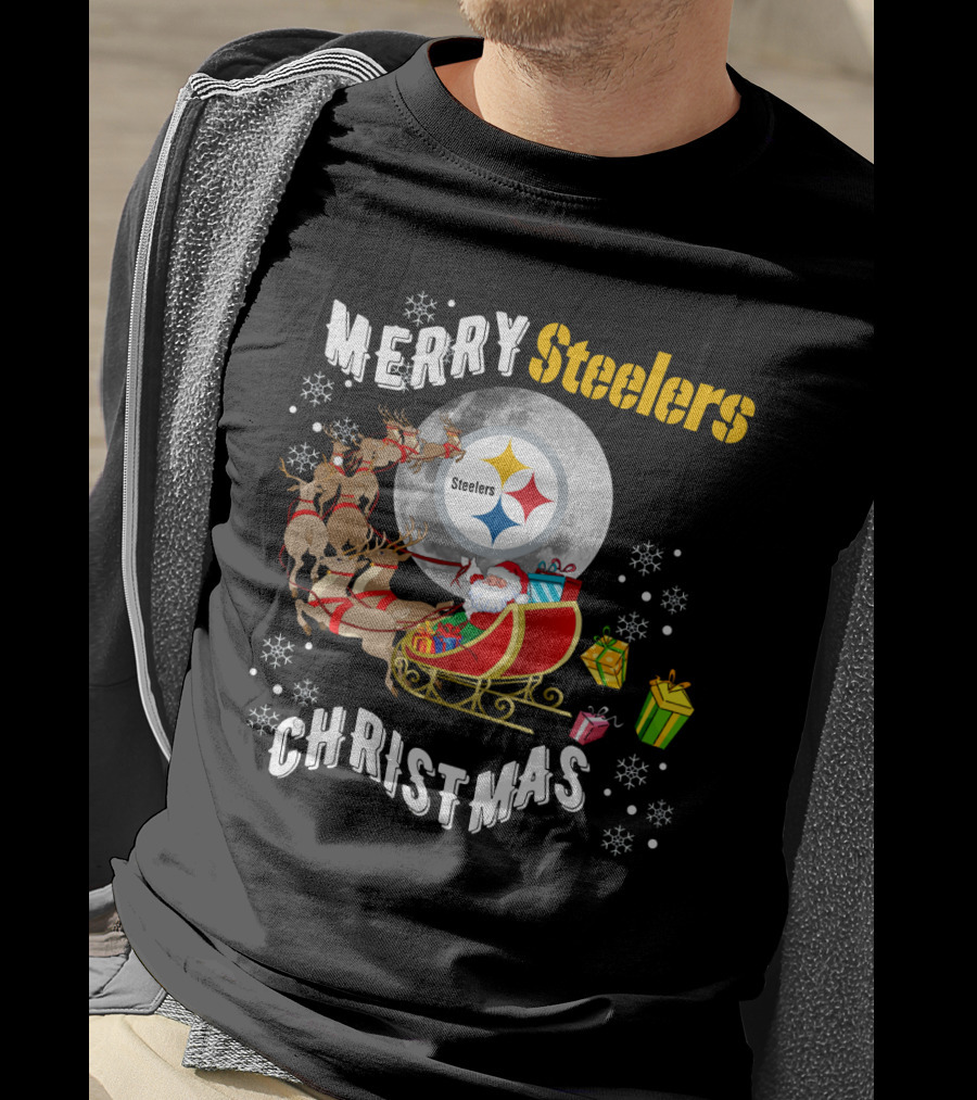 Merry Steelers Christmas Santa Sleigh And Moon T-Shirt