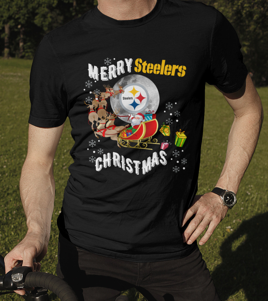 Merry Steelers Christmas Santa Sleigh And Moon T-Shirt