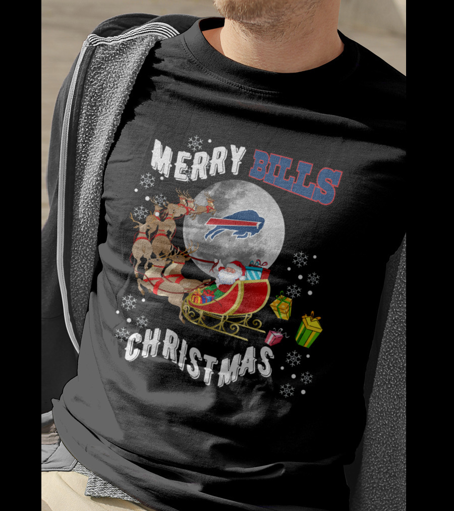 Merry Bills Christmas Buffalo Bills Santa Sleigh And Moon T-Shirt