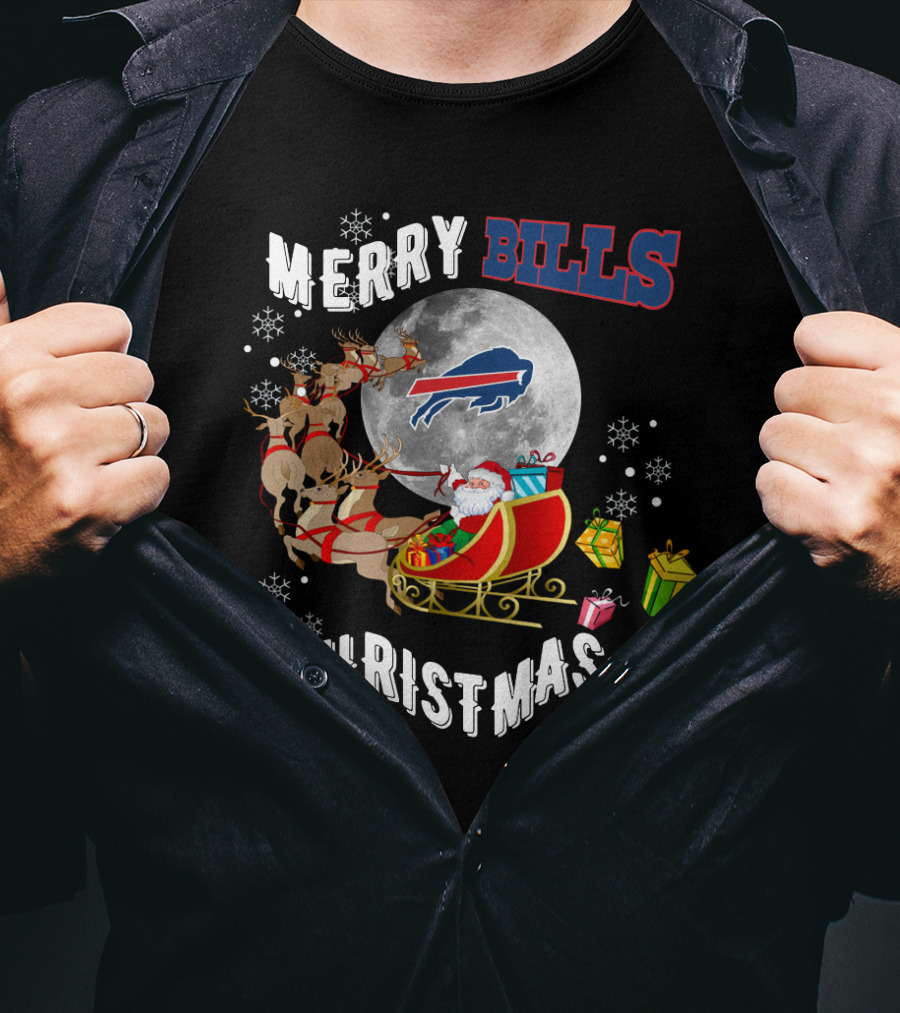Merry Bills Christmas Buffalo Bills Santa Sleigh And Moon T-Shirt