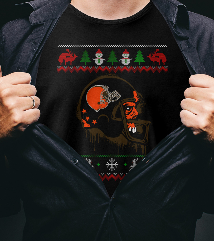 Cleveland Browns Holiday Sweater Design With Helmet And Festive Elements T-Shirt