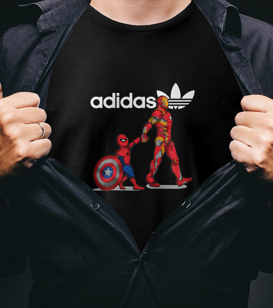 Iron Man Holding Shield Next To Small Spider-Man T-Shirt