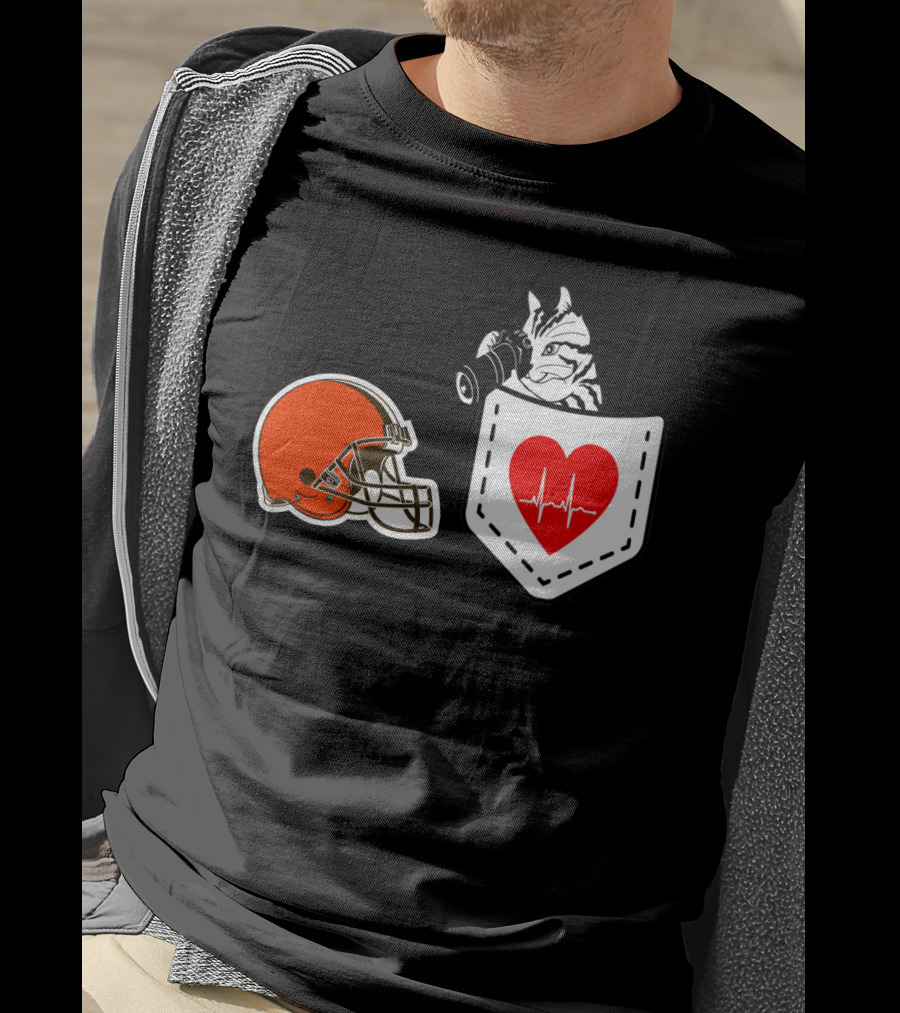 Cleveland Browns Helmet Zebra Heartbeat Pocket T-Shirt