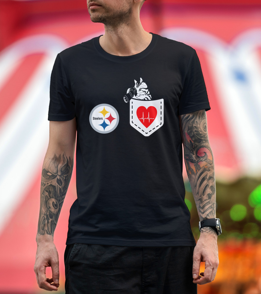 Pittsburgh Steelers Logo With Heartbeat Pocket Cat T-Shirt