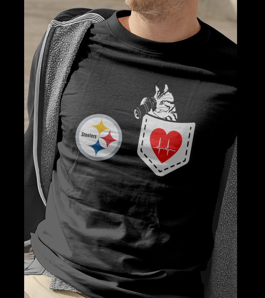 Pittsburgh Steelers Logo With Heartbeat Pocket Cat T-Shirt