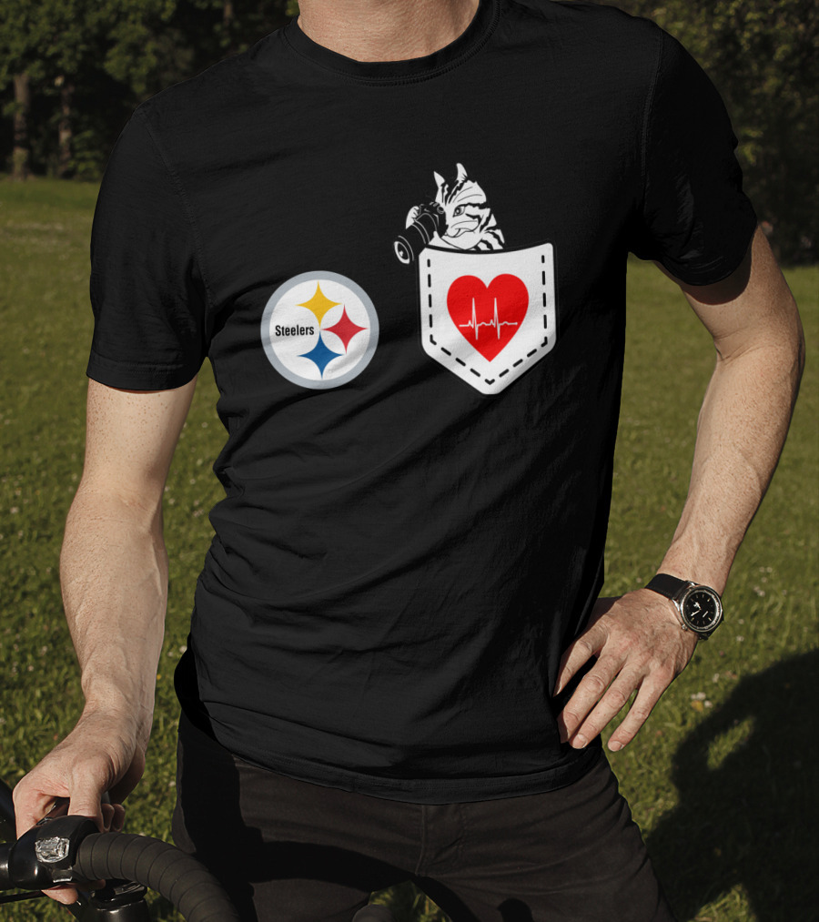 Pittsburgh Steelers Logo With Heartbeat Pocket Cat T-Shirt