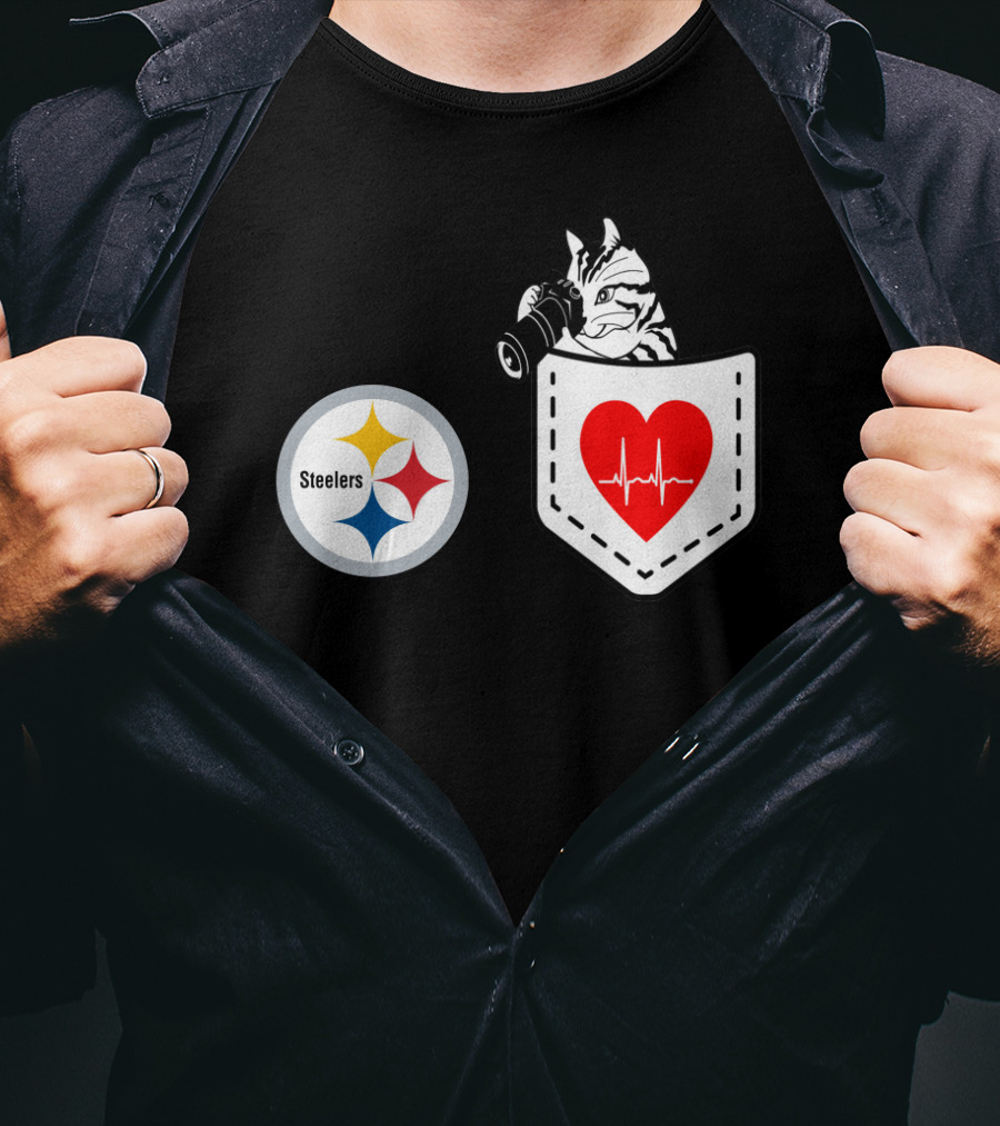 Pittsburgh Steelers Logo With Heartbeat Pocket Cat T-Shirt
