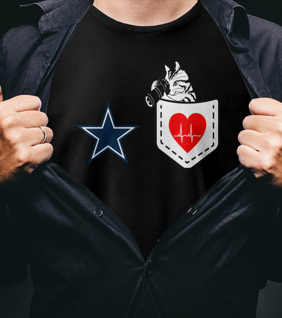 Dallas Cowboys Star Cat In Heartbeat Pocket T-Shirt