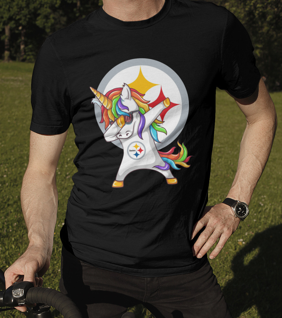 Unicorn Dabbing With Steelers Logo Rainbow Mane T-Shirt
