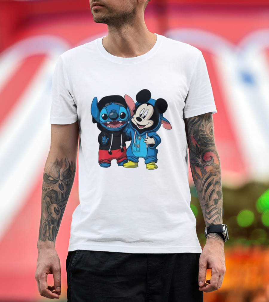 Mickey Mouse And Stitch In Hoodies T-Shirt