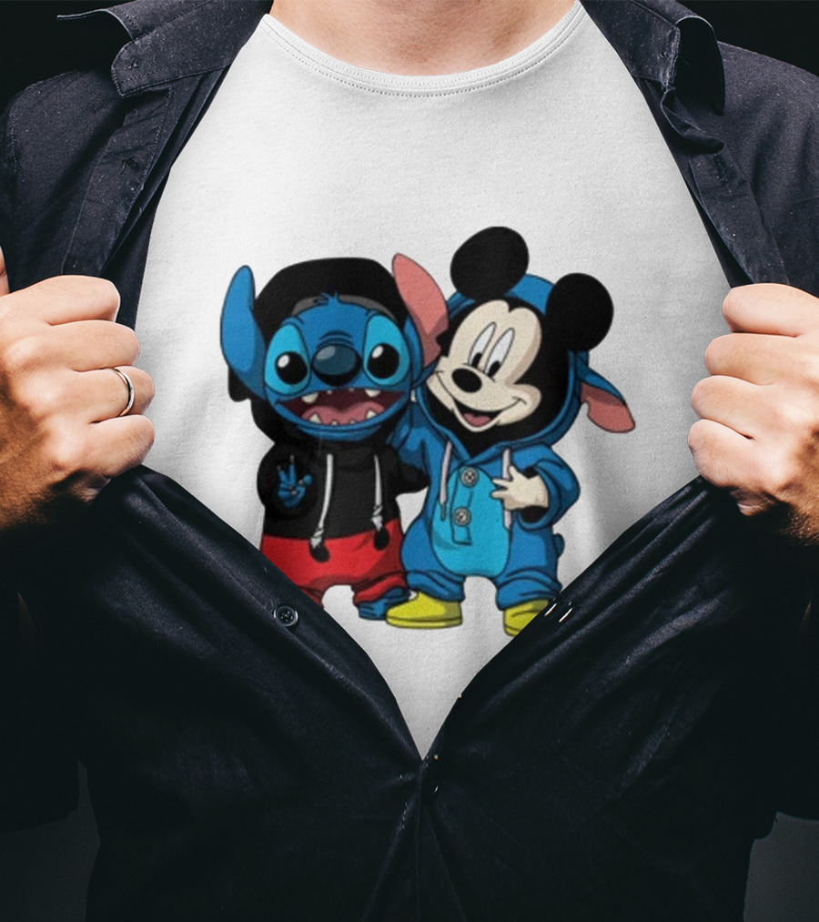Mickey Mouse And Stitch In Hoodies T-Shirt