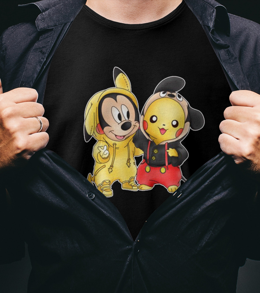 Mickey Pikachu Crossover Characters In Hoodie Costumes T-Shirt