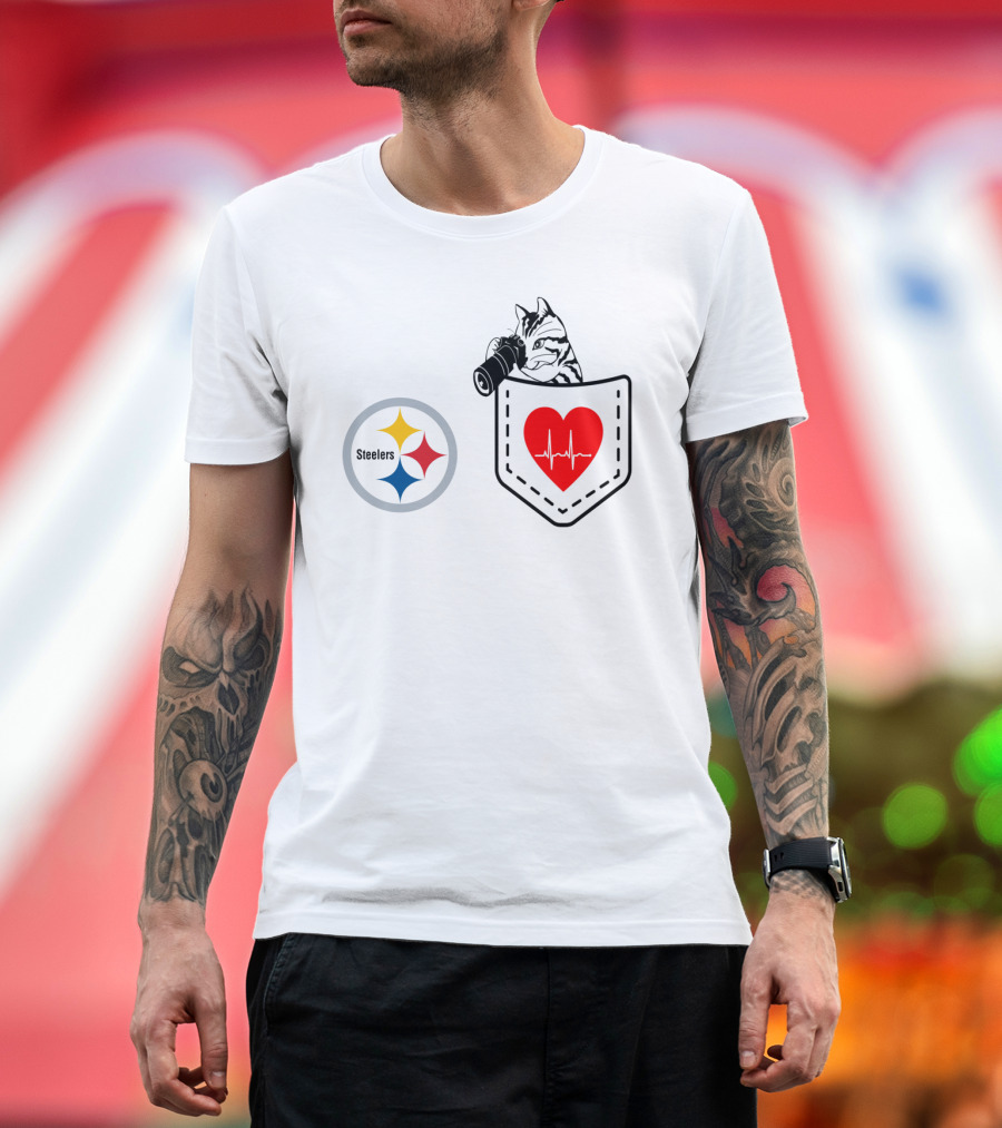 Pittsburgh Steelers Cat With Heartbeat Pocket T-Shirt