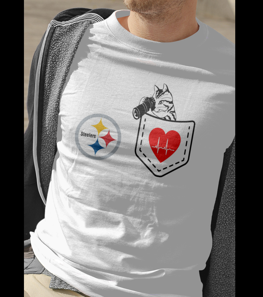 Pittsburgh Steelers Cat With Heartbeat Pocket T-Shirt