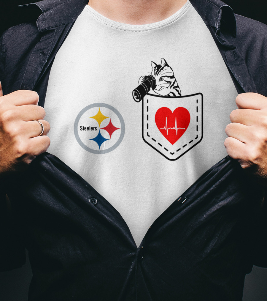Pittsburgh Steelers Cat With Heartbeat Pocket T-Shirt