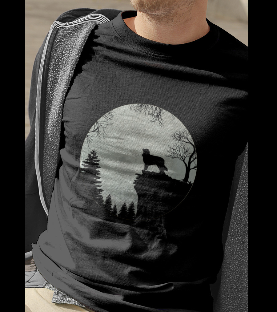 Australian Shepherd Full Moon Silhouette On Cliff T-Shirt