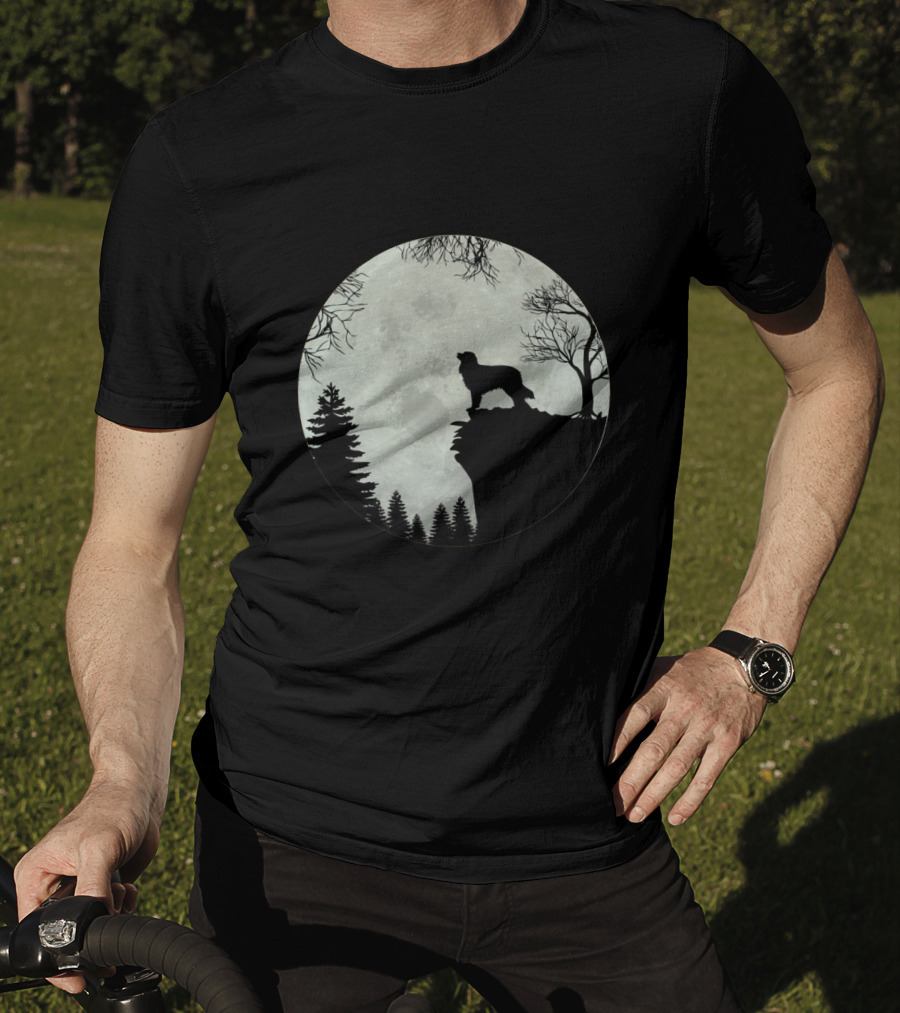 Australian Shepherd Full Moon Silhouette On Cliff T-Shirt