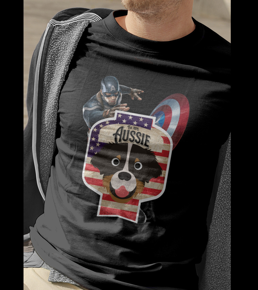 Aussie Australian Shepherd Est. 1975 Captain America Shield Stars And Stripes T-Shirt