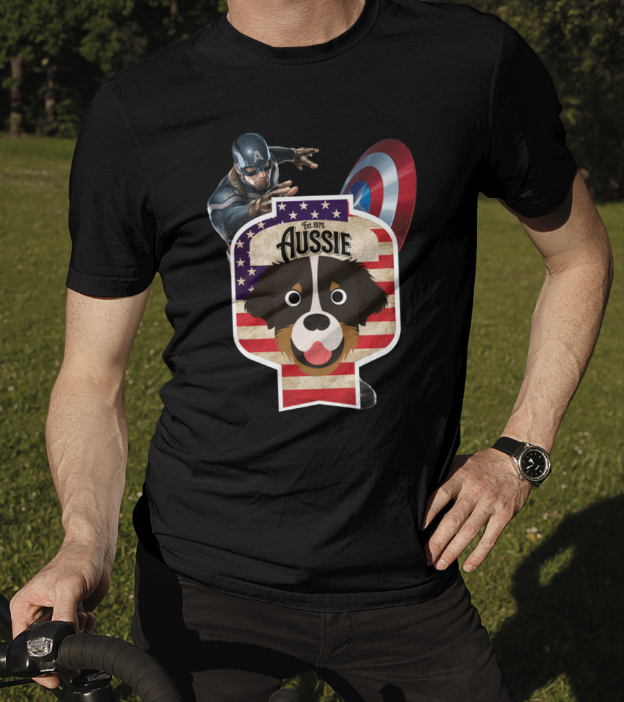 Aussie Australian Shepherd Est. 1975 Captain America Shield Stars And Stripes T-Shirt