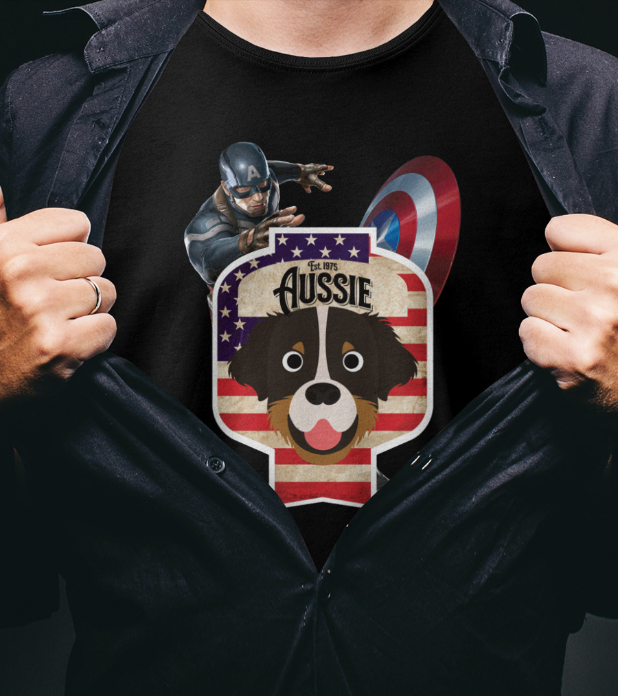 Aussie Australian Shepherd Est. 1975 Captain America Shield Stars And Stripes T-Shirt