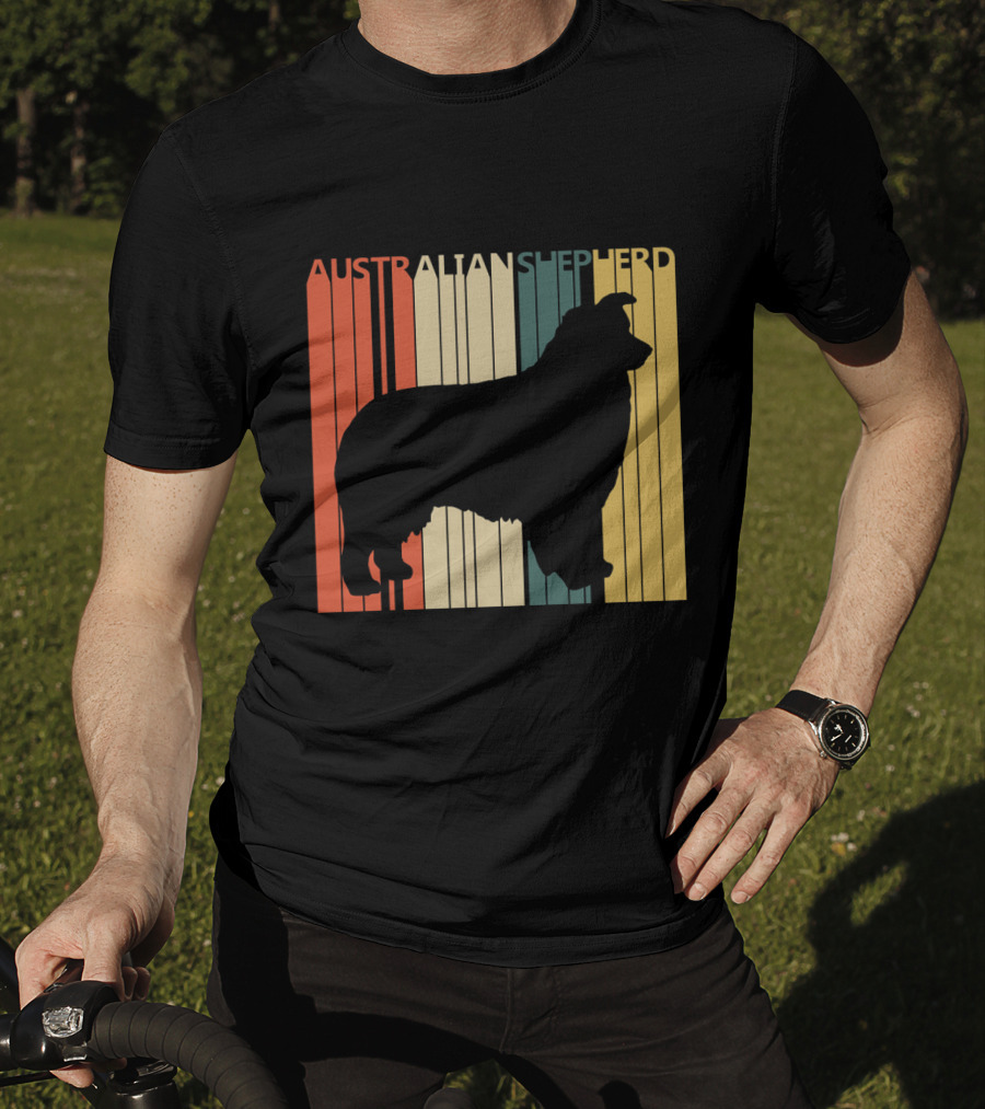 Australian Shepherd Silhouette With Vintage Stripes T-Shirt