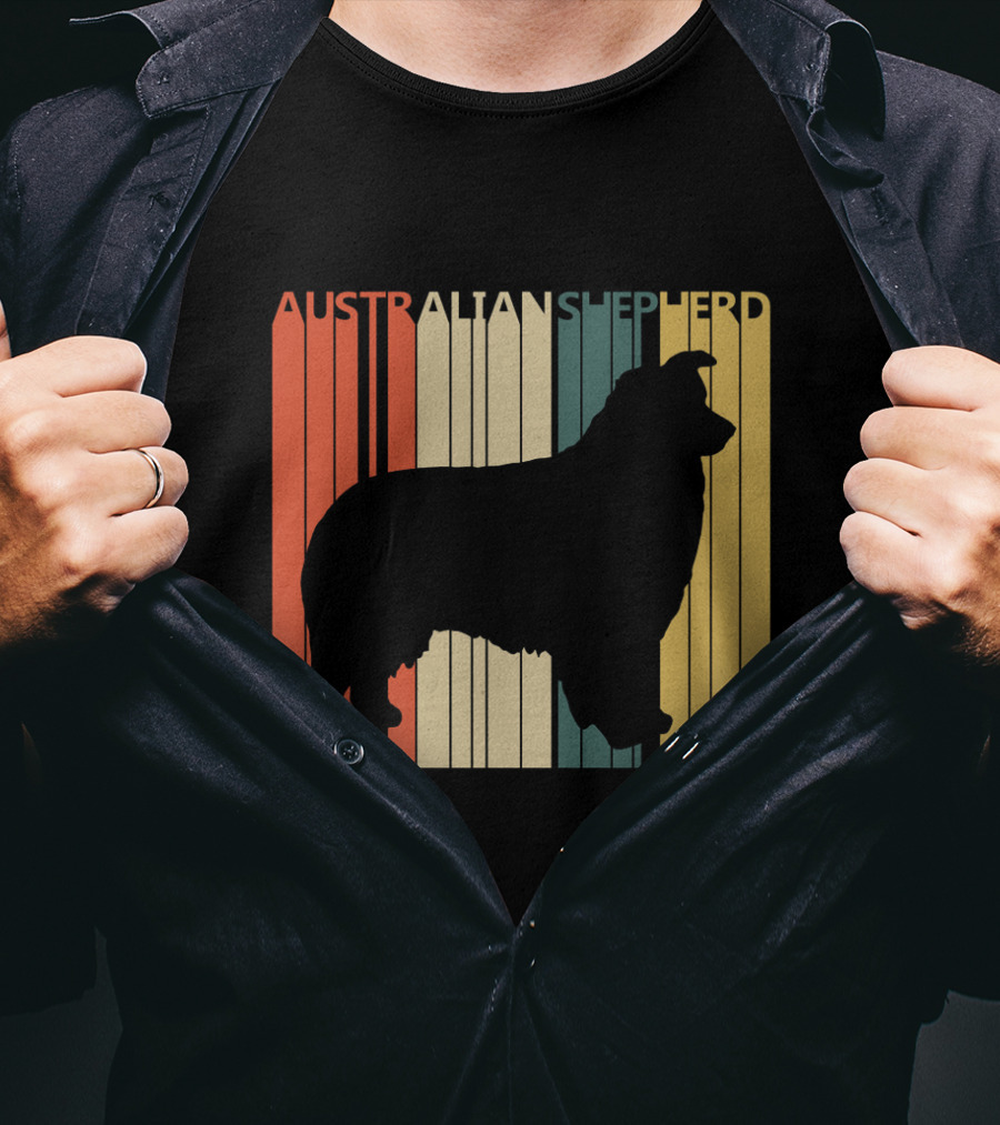 Australian Shepherd Silhouette With Vintage Stripes T-Shirt
