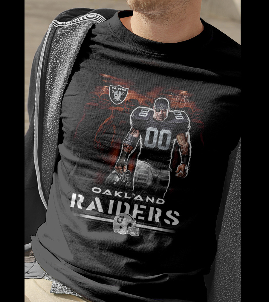 Oakland Raiders Nfl Player Illustration With Skull Logo And Helmet T-Shirt
