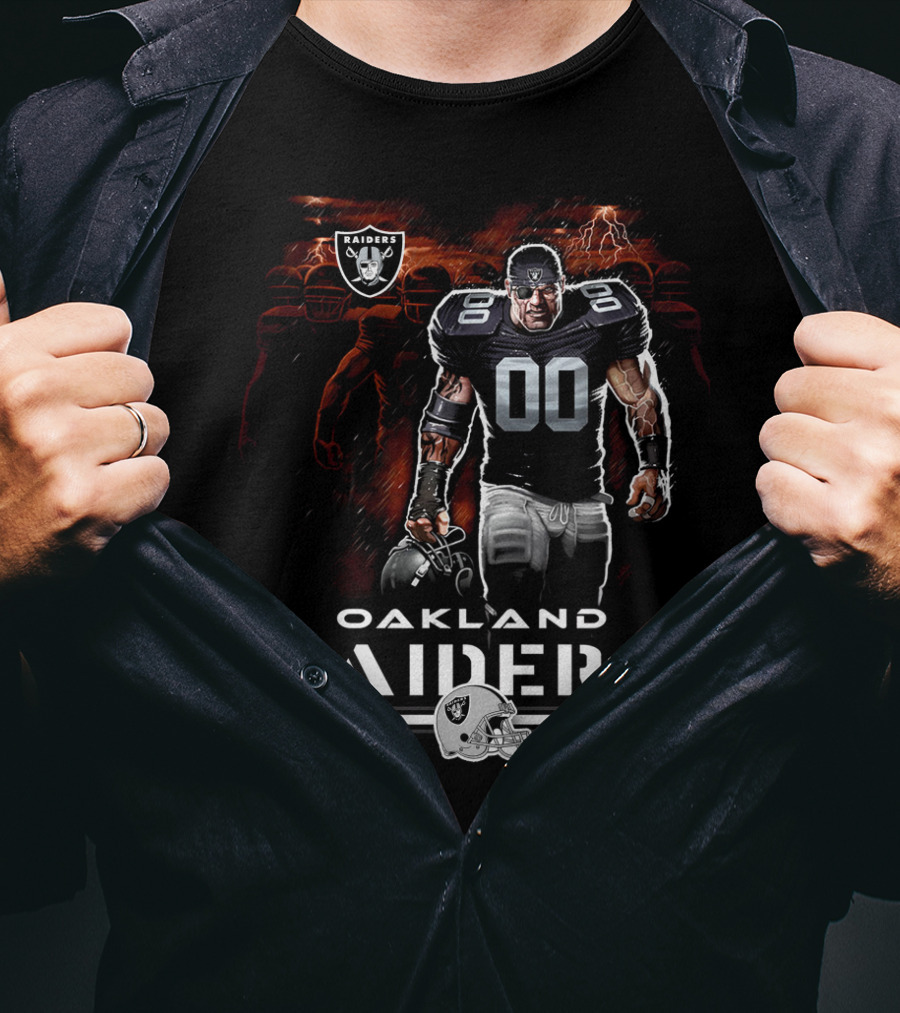 Oakland Raiders Nfl Player Illustration With Skull Logo And Helmet T-Shirt