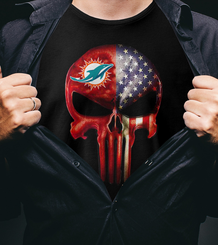 Miami Dolphins Punisher Skull American Flag For True Miami Fan Only T-Shirt