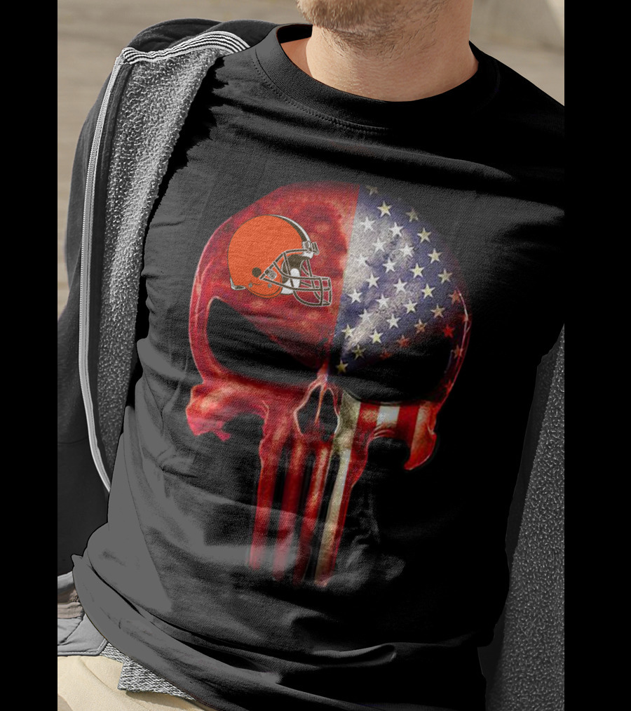 Cleveland Browns American Flag Skull For True Cleveland Fan Only T-Shirt