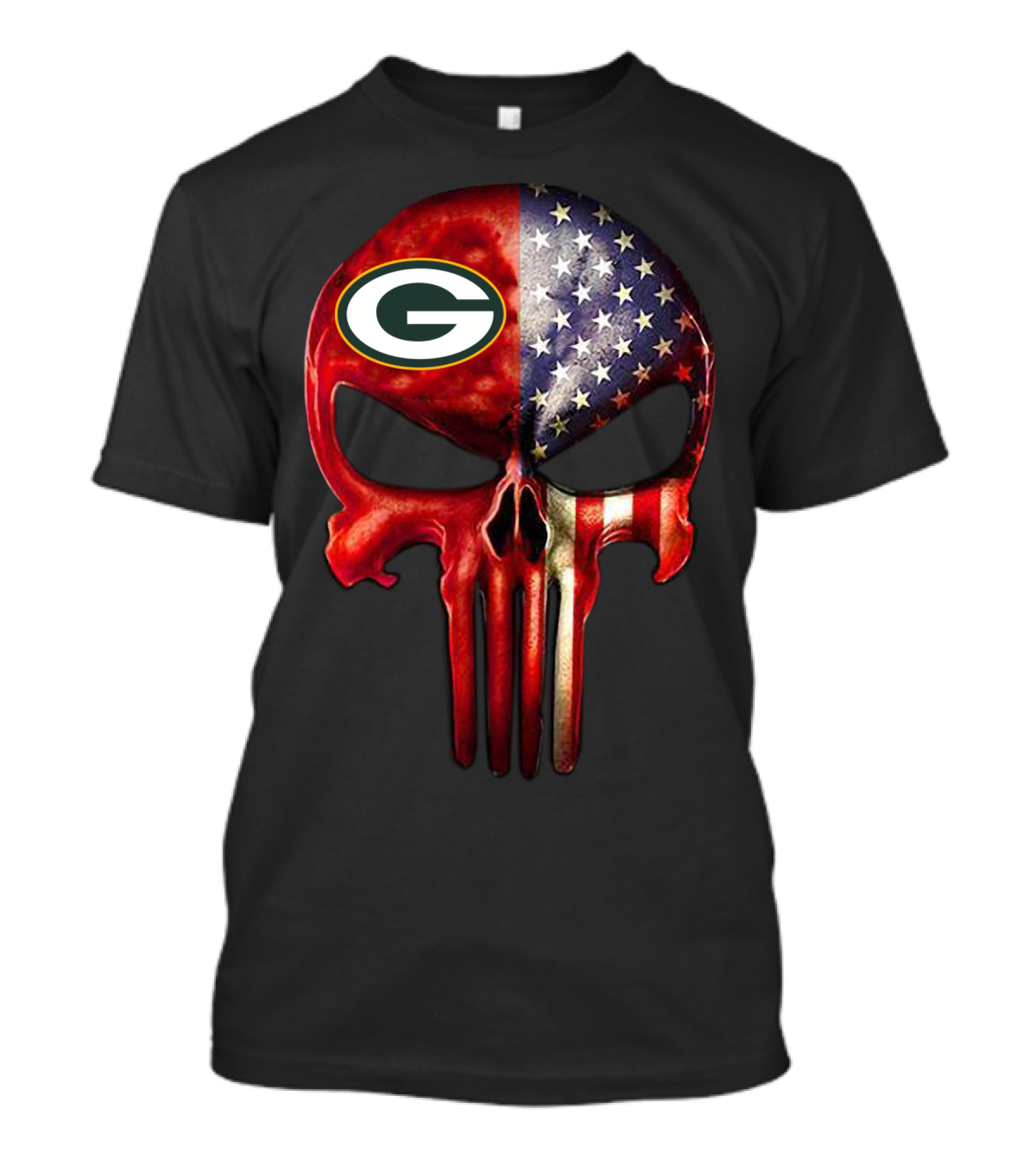 Green Bay Skull American Flag Fusion For True GreenBay Fan Only T-Shirt