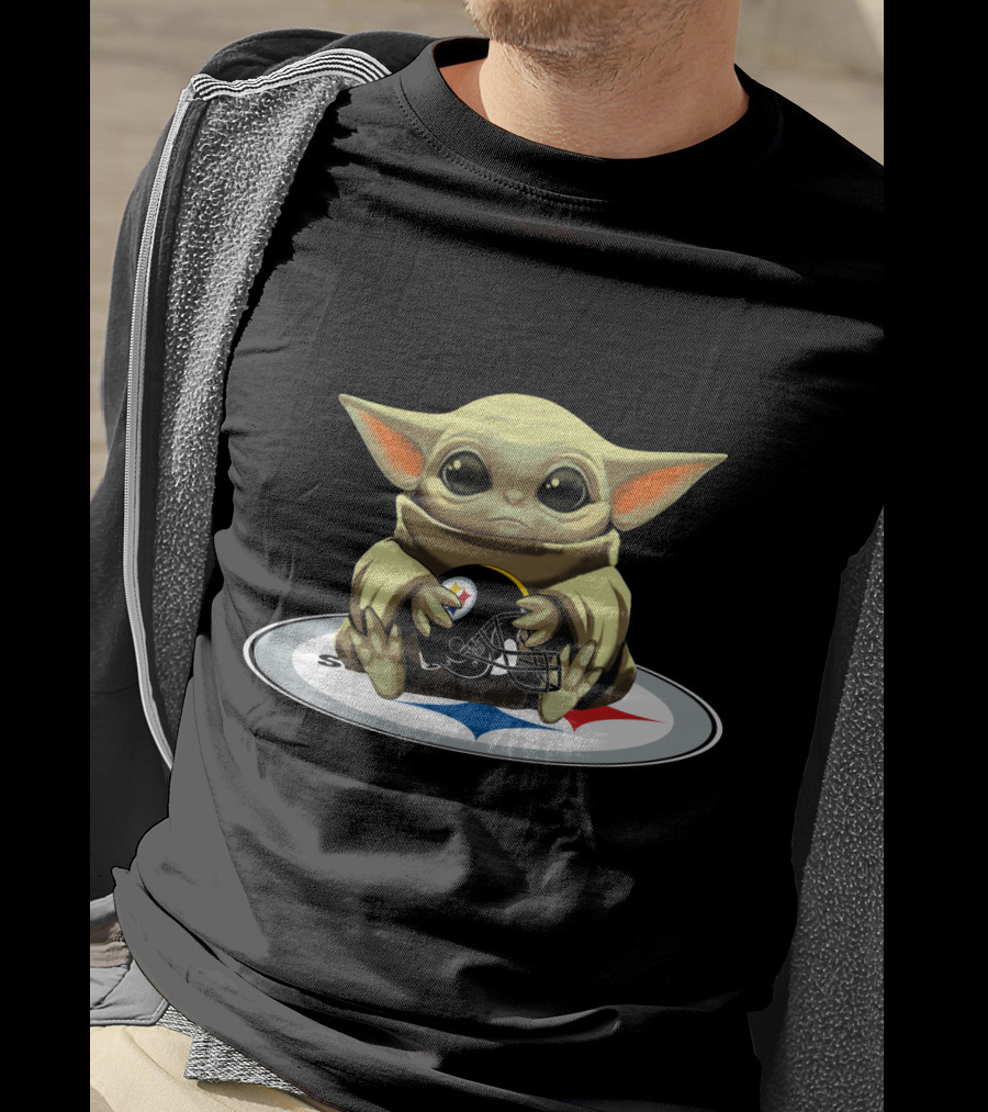 Baby Yoda Holding Steelers Football Helmet T-Shirt