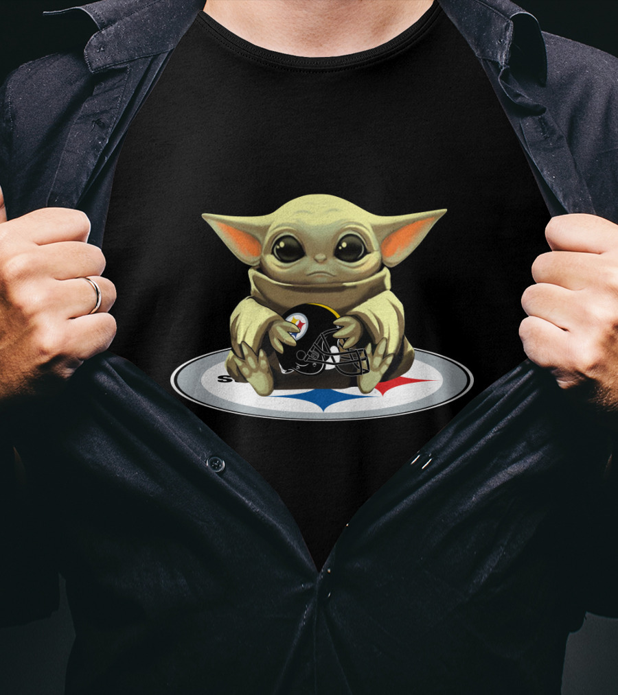 Baby Yoda Holding Steelers Football Helmet T-Shirt