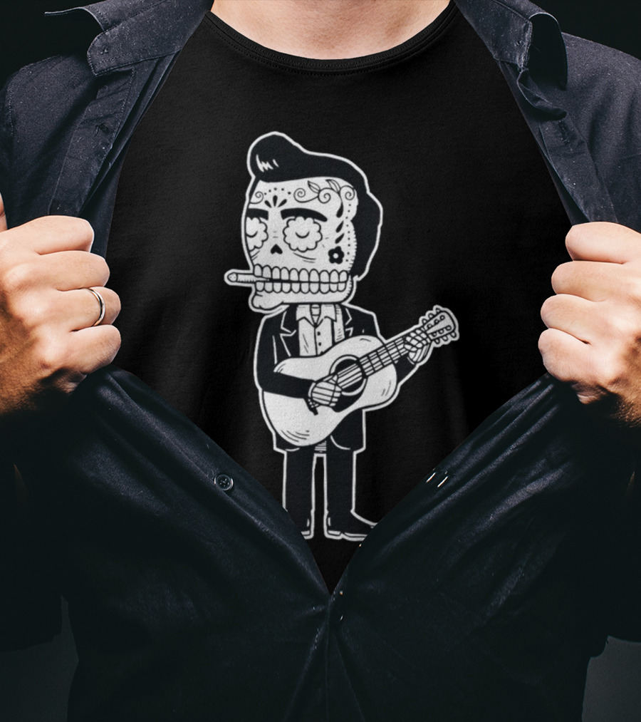 Johnny Cash Calavera Skull Playing Guitar T-Shirt