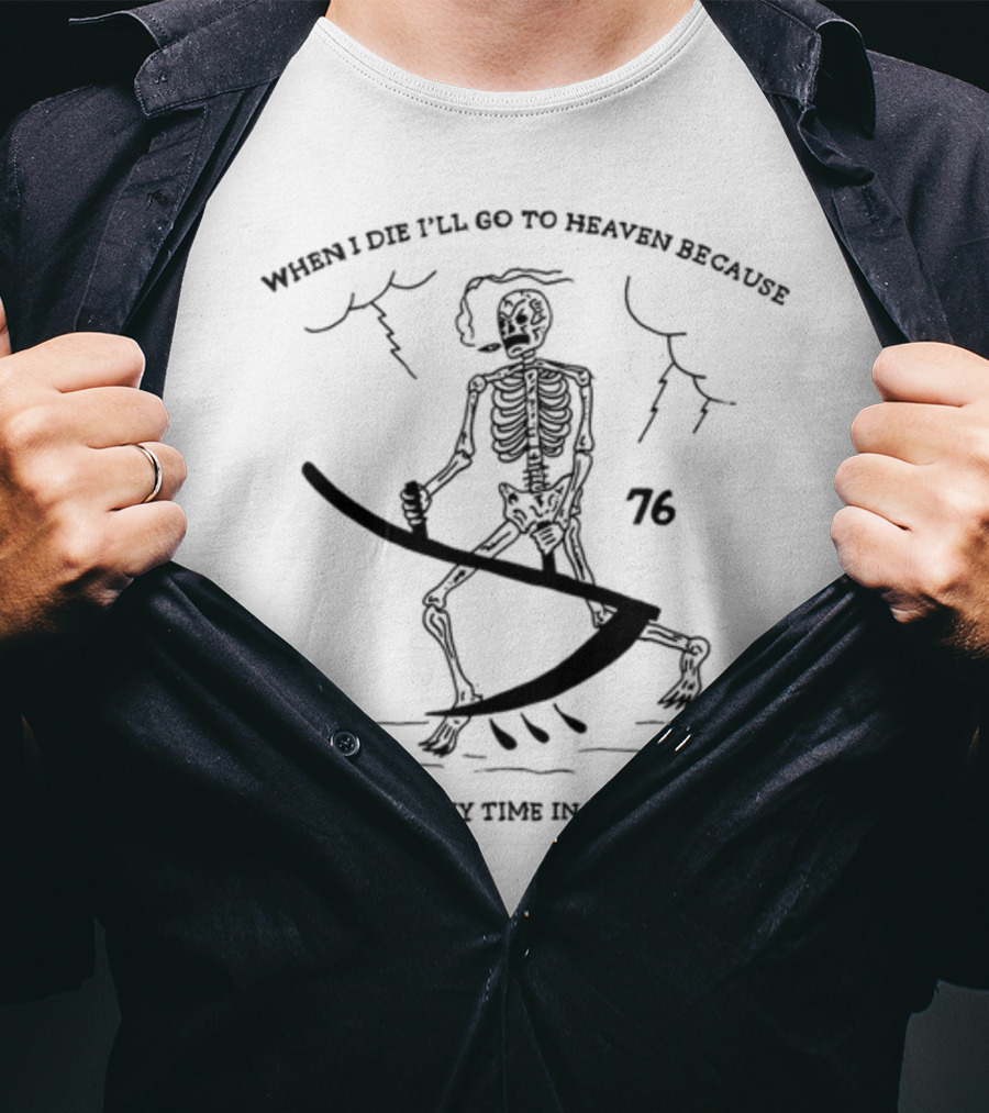 Eric Kenney When I Die I'll Go To Heaven Because I've Spent My Time In Philadelphia 76 Skeleton With Scythe And Storm Clouds T-Shirt