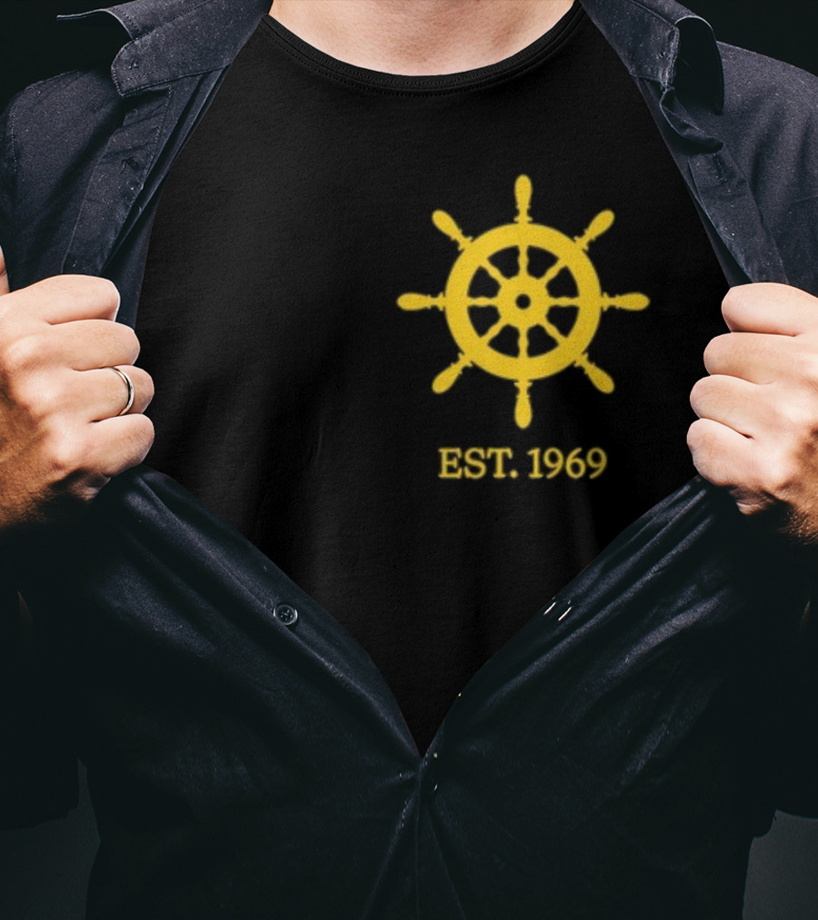 Benitez Sailing Est. 1969 Yellow Ship Wheel Emblem T-Shirt