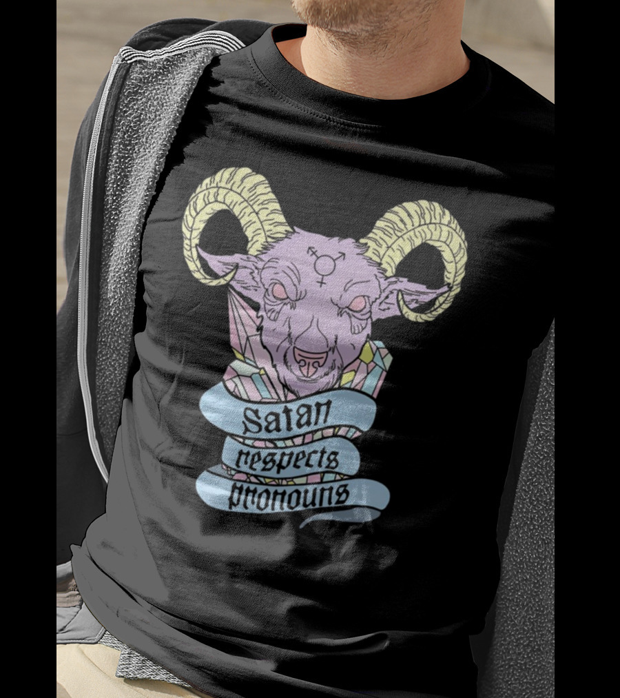 Satan Respects Pronouns Pastel Goat Head With Horns And Gender Symbols T-Shirt